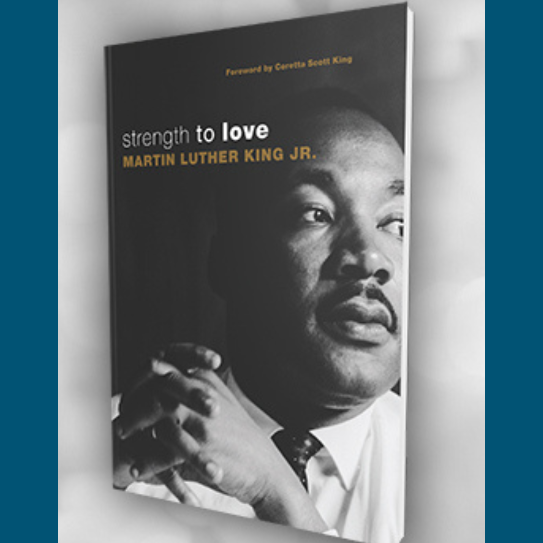 dark blue graphic with the cover of Strength to Love