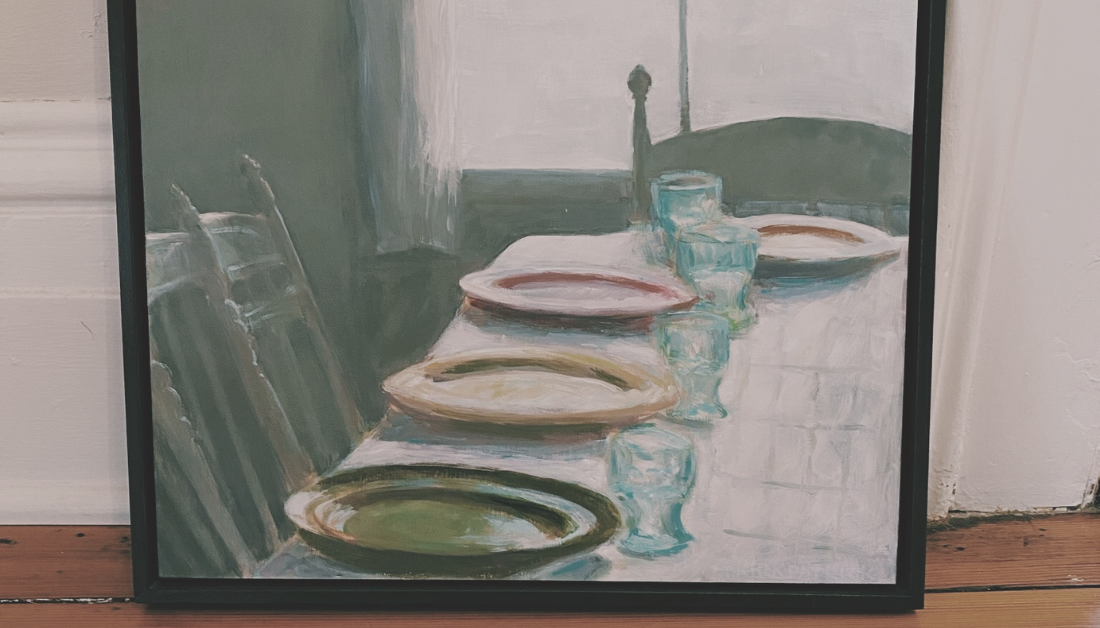 picture of a painting of chairs gathered around a table set for a meal