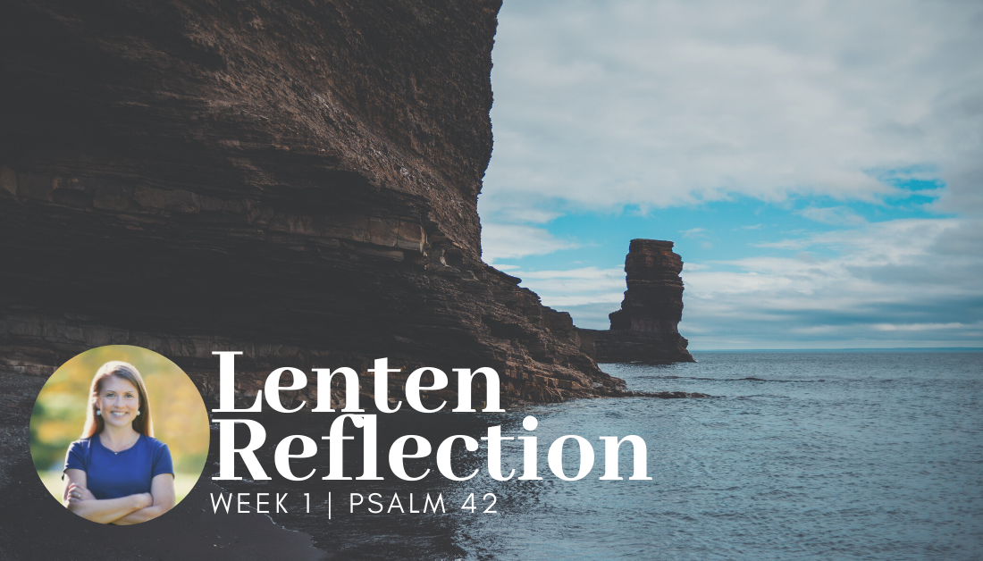 Lenten devotional picture of a cliff next to a body of water