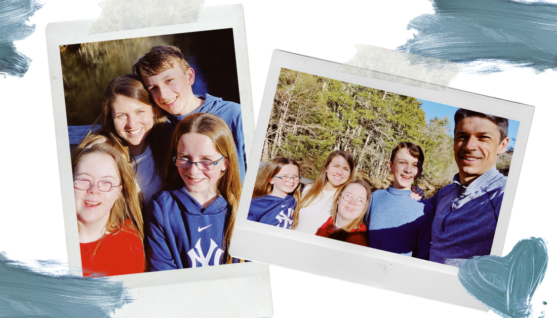 scrapbook page image with two photos, one of Amy Julia and three kids by a river, and one with the whole family 
