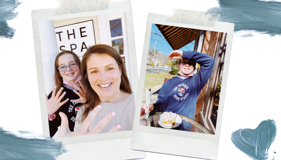 image that looks like a scrapbook page with white background and blue accents with two pictures: one of Amy Julia and Marilee getting their nails done at a spa and one with Marilee shielding her eyes from the sun