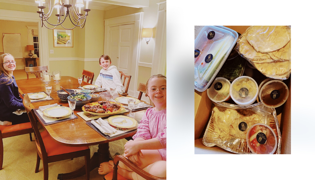 feast on our porch—a photo of a surprise box filled with a food and a picture of three children ready to eat sitting at a table 