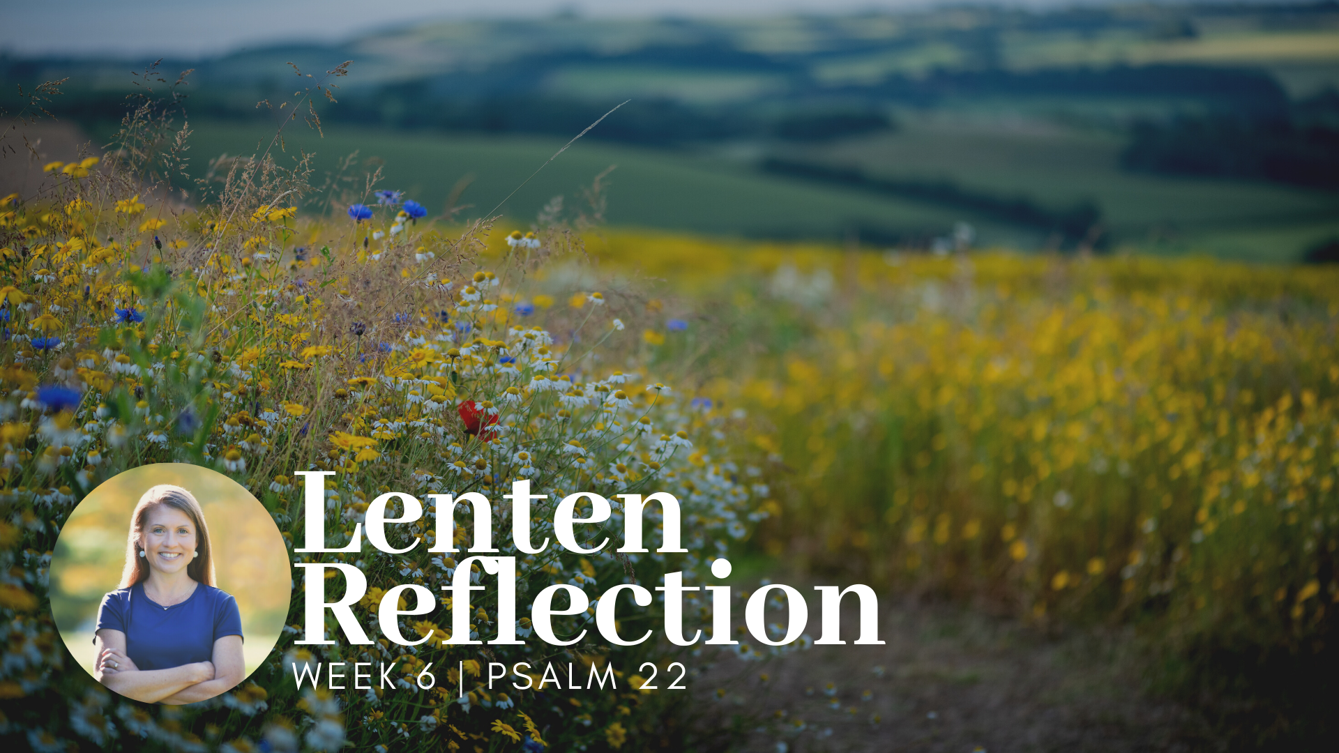 picture of path through mountain flowers; has white text overlay that says Lenten Reflection Week 6 Psalm 22