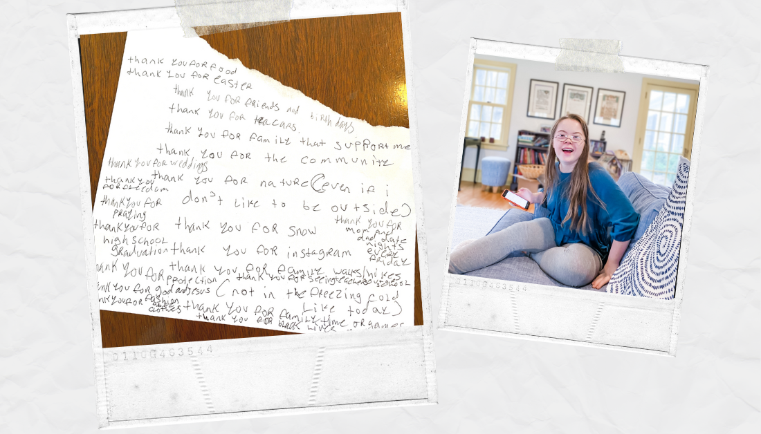 graphic is a scrapbook page with a picture of a gratitude list and a picture of Penny smiling at the camera with her phone in her hand