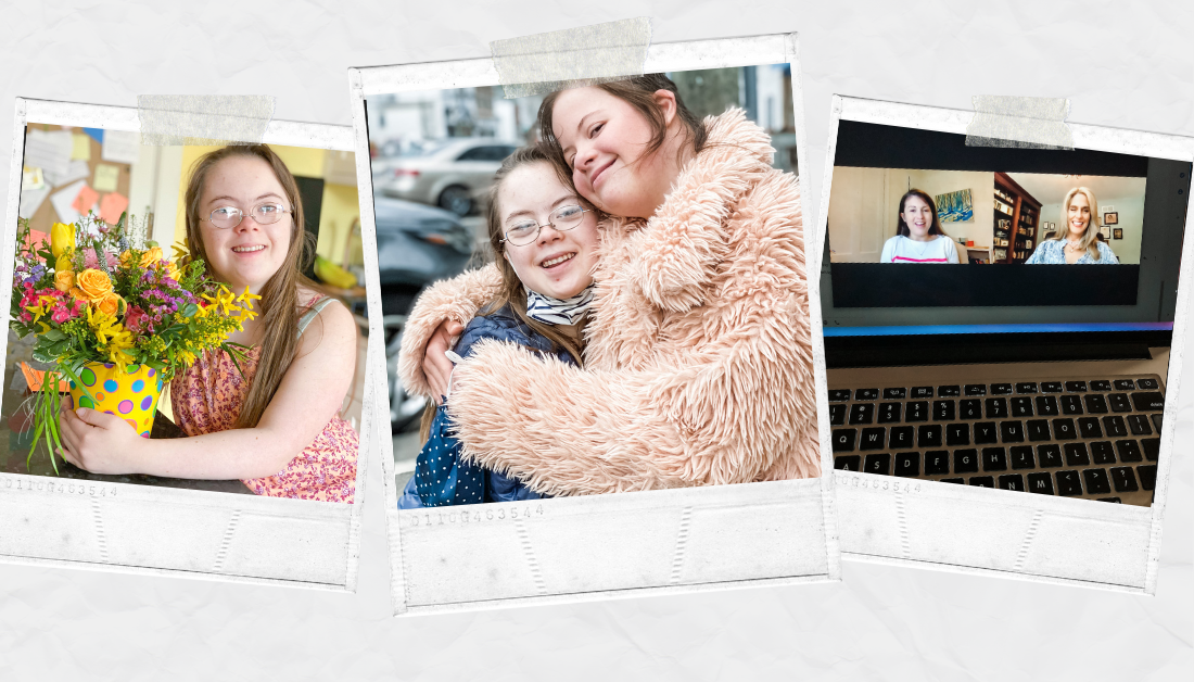 scrapbook graphic with pictures of Penny hugging bouquet of flowers, Penny and a friend giving each other a hug, and computer screen showing an online interview between Amy Julia and Bonnie O'Neil