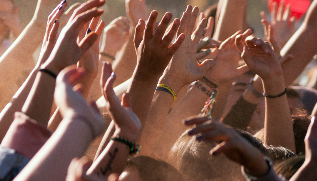 black, brown, and white hands raised in protest