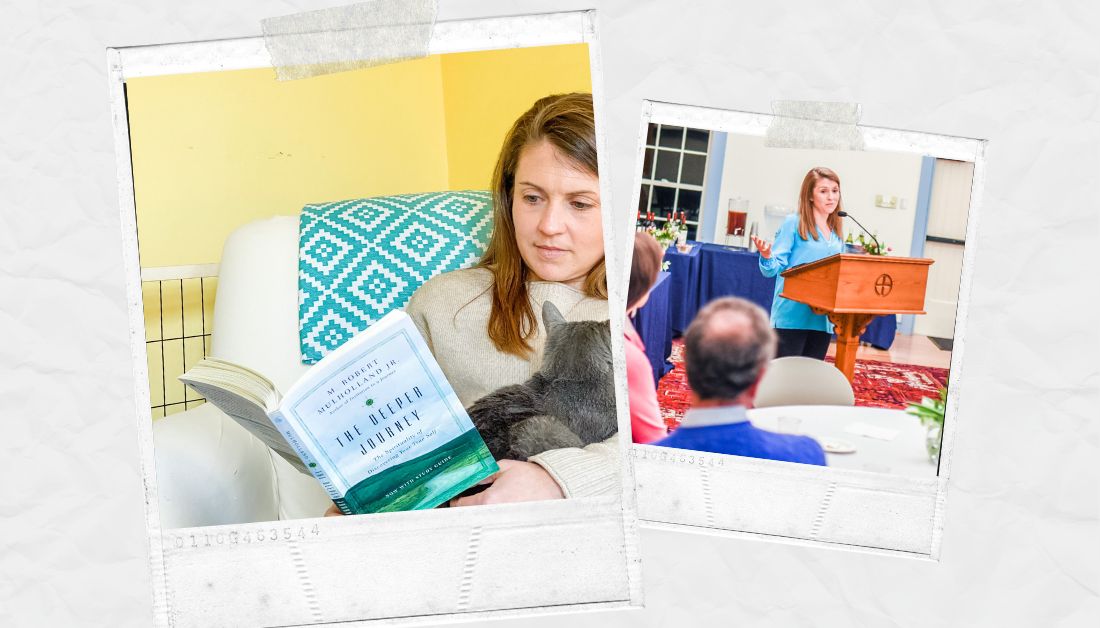 scrapbook graphic with pictures of Amy Julia sitting in a chair reading a book and holding a gray kitty and a picture of her standing at a podium speaking