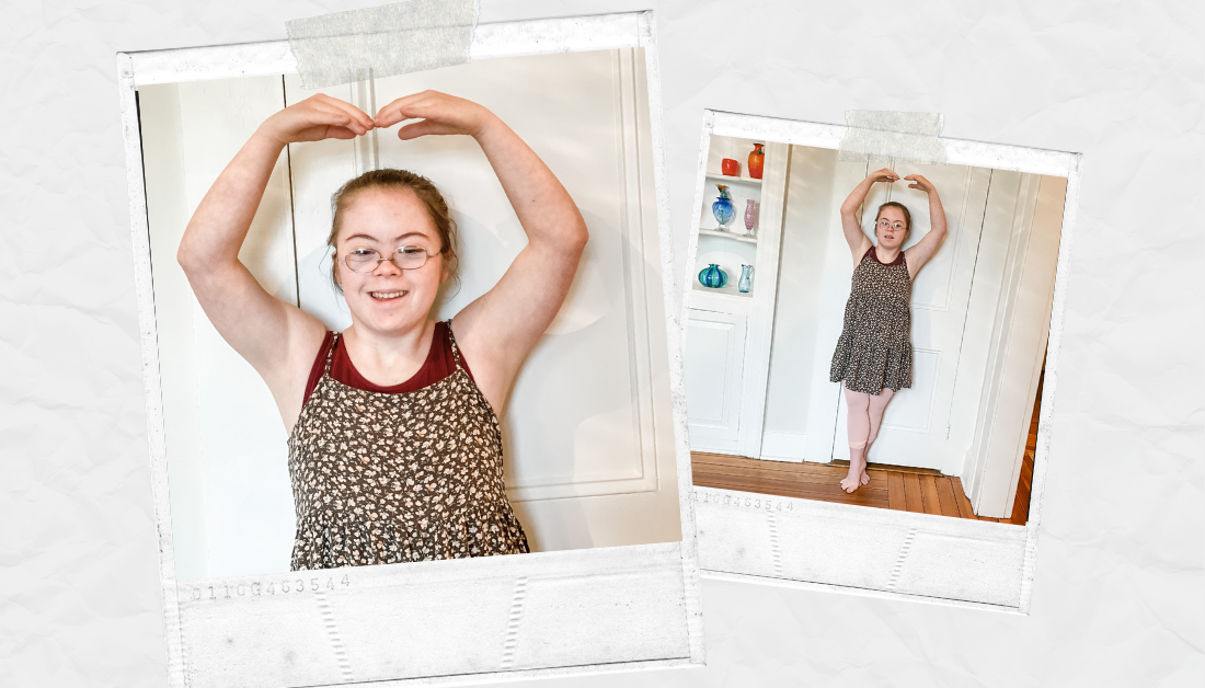 scrapbook graphic with pictures of Penny, who has an intellectual disability, smiling at the camera and doing a ballet pose