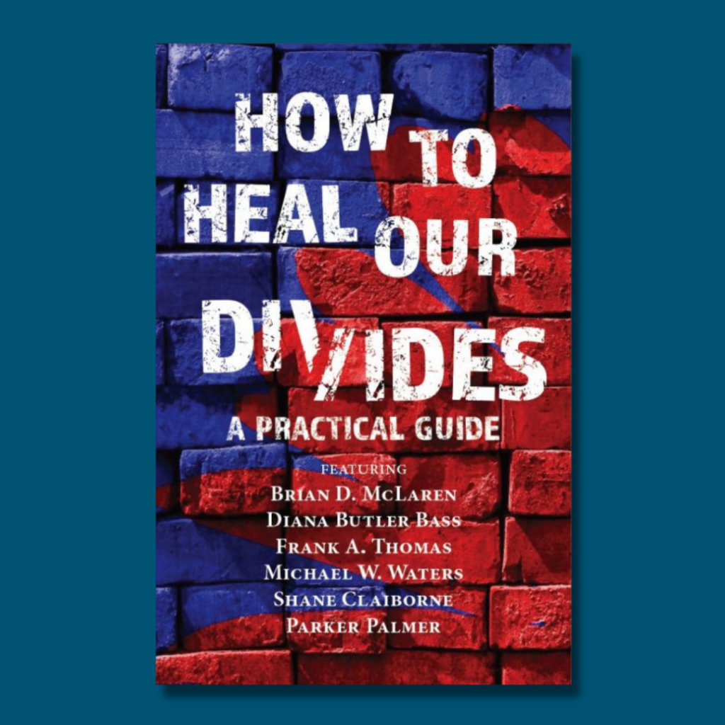 blue graphic with picture of the book How to Heal Our Divides