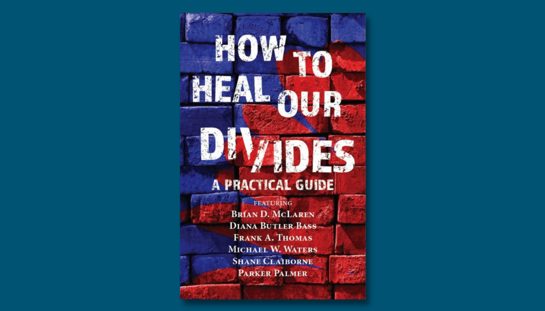 dark blue graphic with a picture the practical guide How to Heal Our Divides