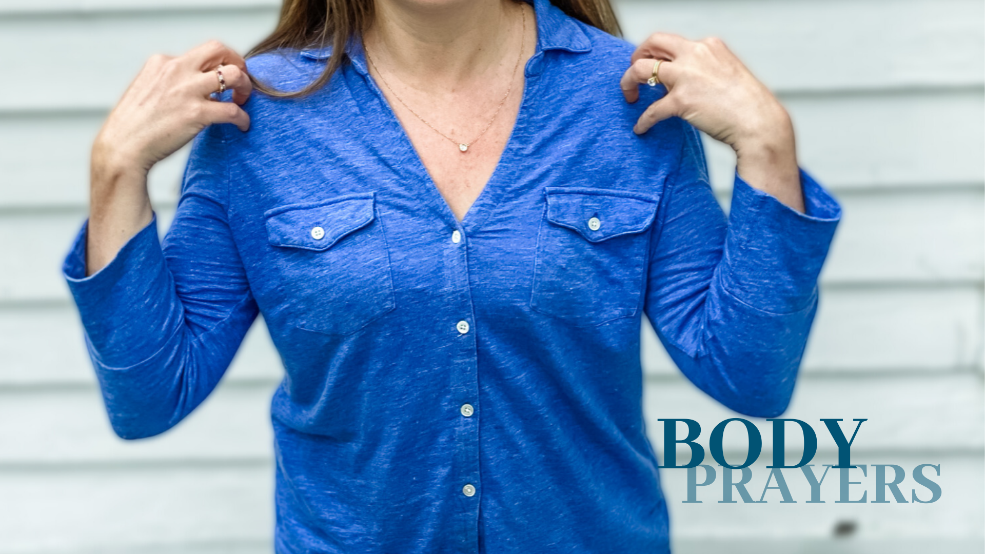 picture of Amy Julia with her hands on her shoulders and text overlay that says Body Prayers