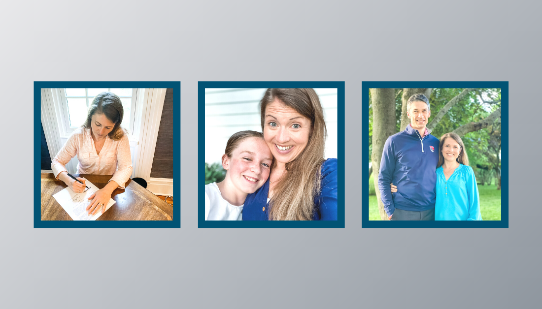 gradient gray graphic with three pictures with blue borders, one of Amy Julia signing a piece of paper, one of her hugging Marilee, and one of her with Peter