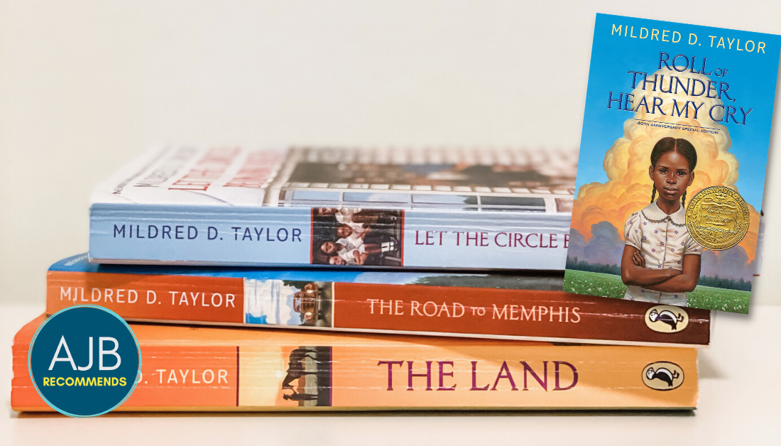 picture of three of Mildred Taylor's novels stacked on top of each other with overlay of another book