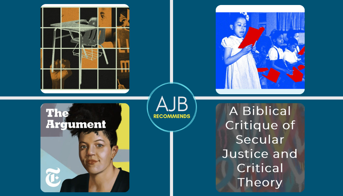 blue graphic with AJB Recommends logo and pictures of Critical Race Theory articles