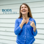 picture of Amy Julia laughing and pointing to her throat with text overlay that says Body Prayers