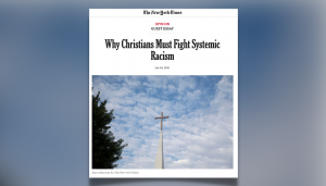 gradient blue graphic with screenshot of NYT article by Esau McCaulley entitled Why Christians Must Fight Systemic Racism