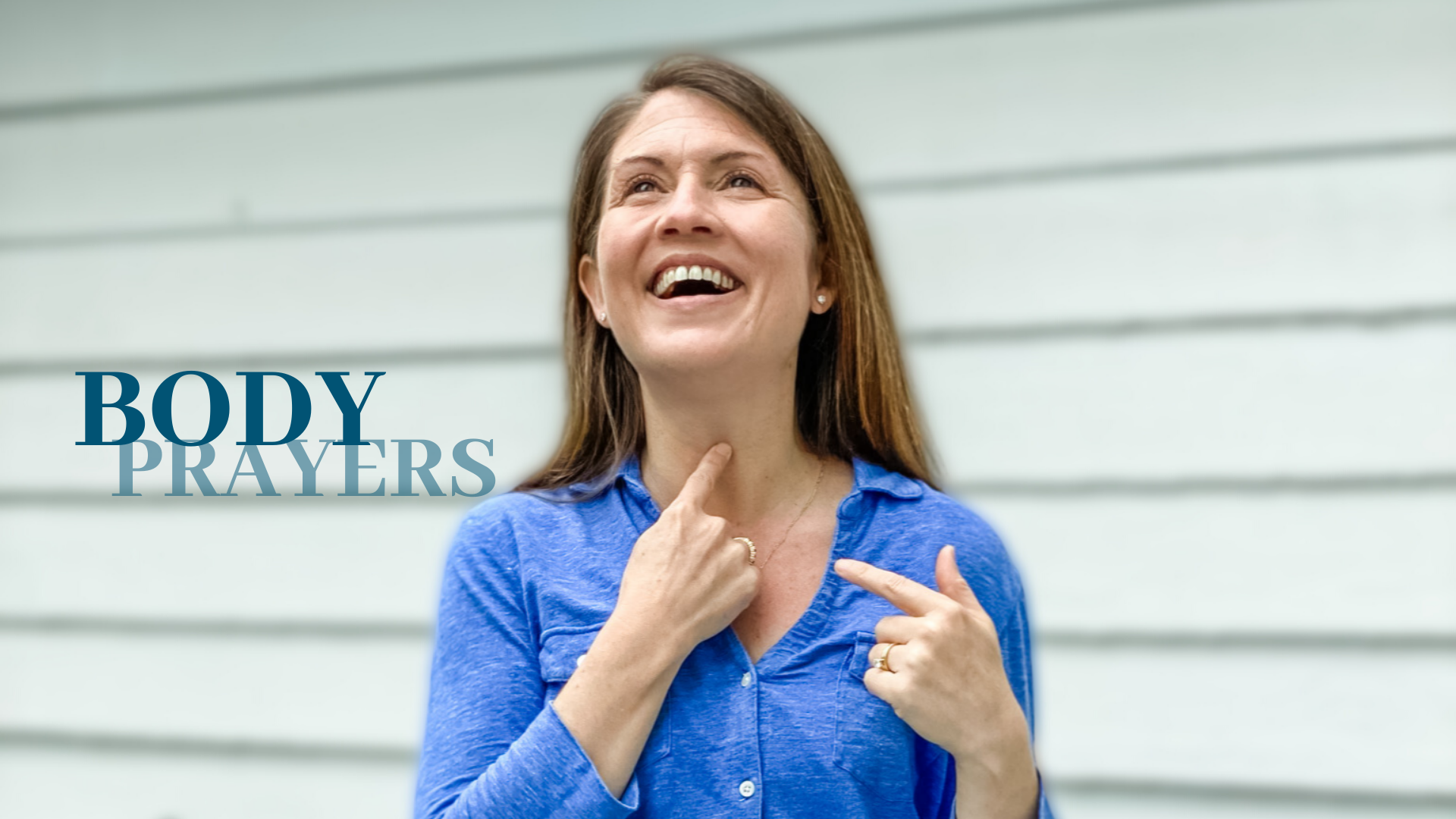 picture of Amy Julia pointing to her throat and laughing off camera with text overlay that says Body Prayers