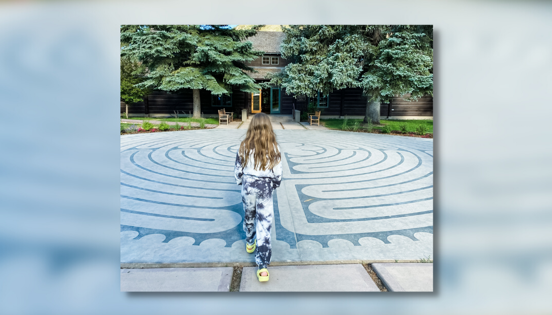 graphic with a blurred picture of a labyrinth and a picture of Marilee walking through a labyrinth