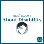 white graphic with blue border and blue text that says kids' books about disability with a circle picture frame of the cover of the book Wonder