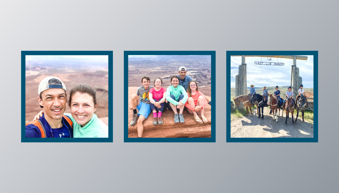 gradient gray graphic with three pictures of family on vacation out west