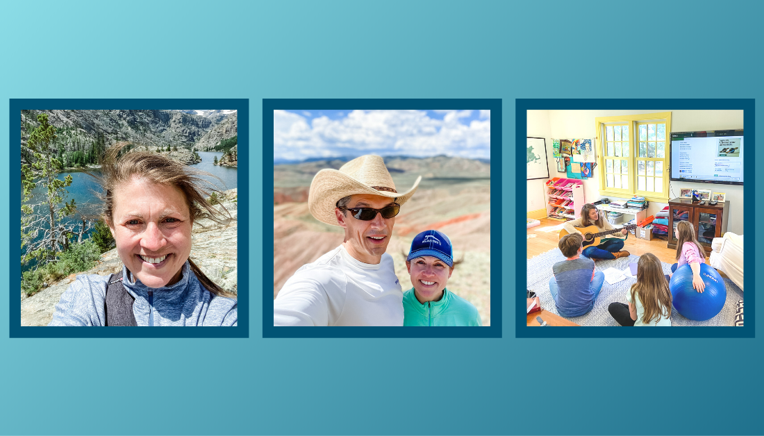 gradient blue graphic with three pictures: picture of Amy Julia outside smiling at the camera with a lake and mountains behind her picture of Peter and Amy Julia with Peter wearing a cowboy hat and Amy Julia wearing a baseball cap and mountains in the distance Amy Julia sitting on the floor of a room in her house. She is playing guitar and her children are sitting around her