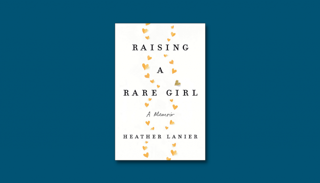 dark blue graphic with the cover of the book Raising a Rare Girl by Heather Lanier