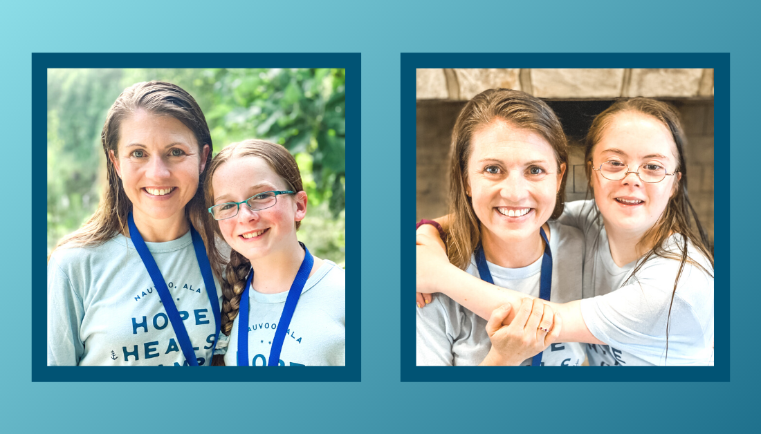 gradient blue graphic with two pictures, one of Amy Julia with Marilee outside, and one with Amy Julia with Penny inside. In both pictures they are wearing matching blue Hope Heals t-shirts.