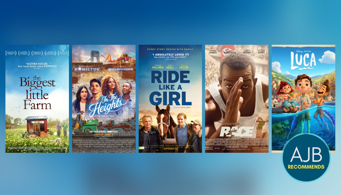 gradient blue graphic with the AJB Recommends logo and pictures of five movies for family movie night