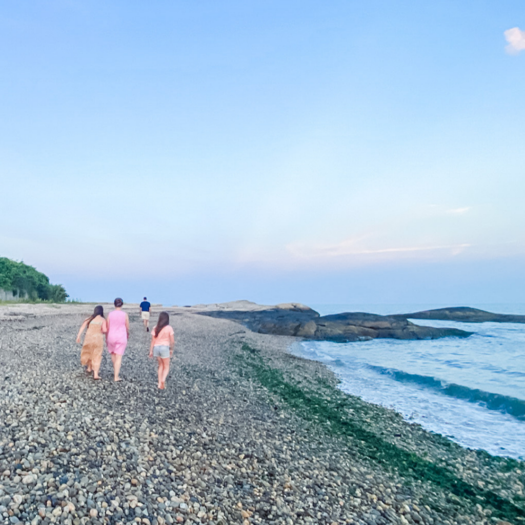 Marilee, Amy Julia, Peter, and Penny making progress walking on the beach facing away from the camera