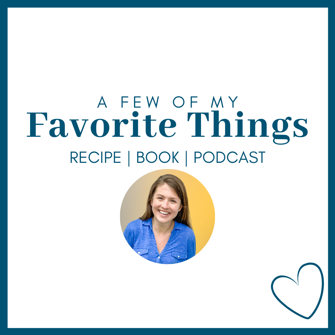 white graphic with a circle photo of Amy Julia and blue text that says A Few of My Favorite Things Recipe | Book | Podcast