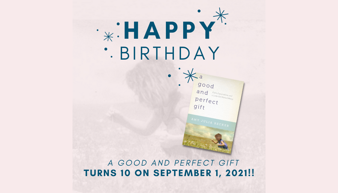light pink graphic with a picture of the cover of A Good and Perfect Gift book and blue text that says Happy Birthday