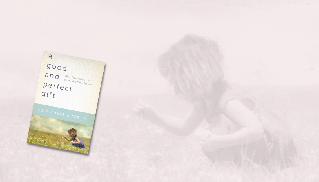 light pink graphic with a picture of a little girl picking flowers in the background with blue text from post caption and a picture of the cover of A Good and Perfect Gift