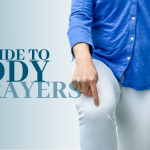 gradient blue graphic with text overlay that says A Guide to Body Prayers and a picture of Amy Julia pointing to her knee