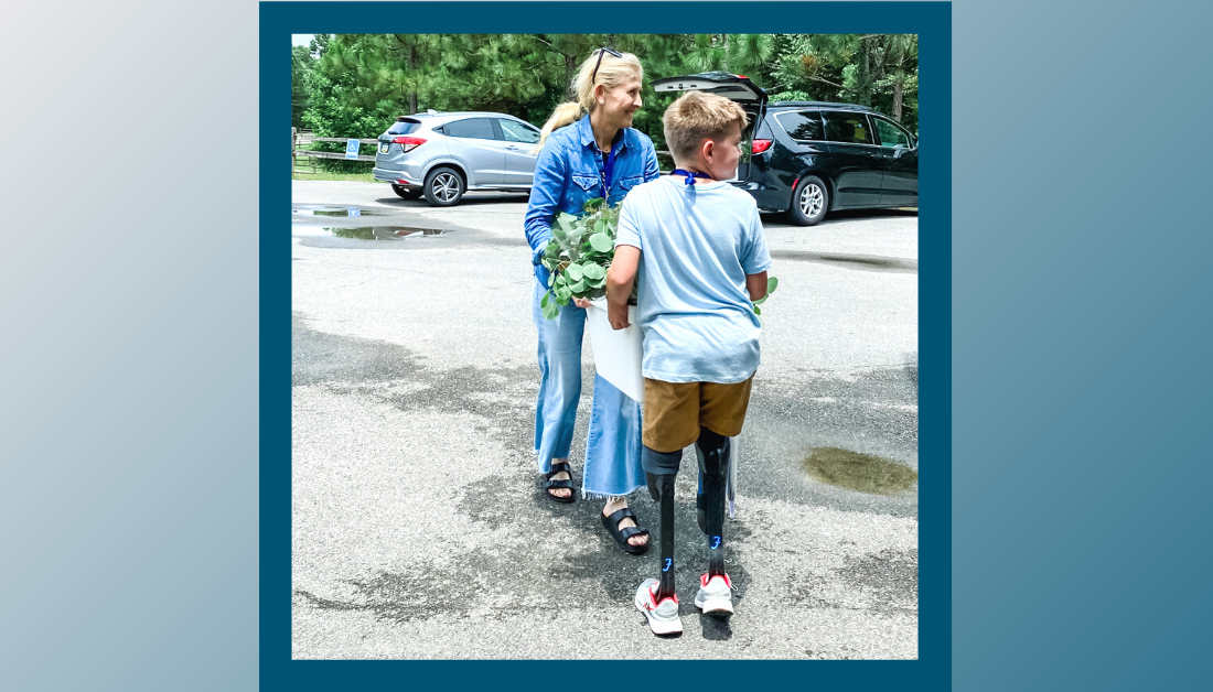 gradient gray/blue graphic with a picture of a woman and a young boy with prosthetic legs carrying plants together illustrating the blurred lines of disability