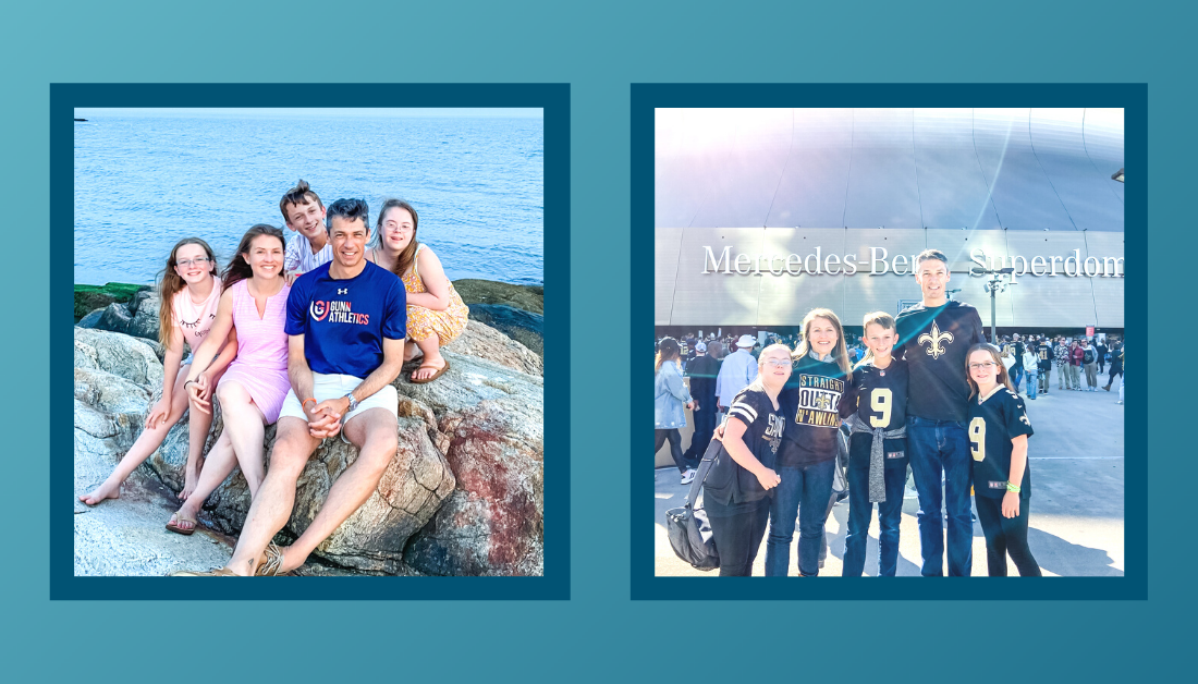 Gradient blue graphic with a picture of Amy Julia's family sitting on rocks with a water behind them and a picture of Amy Julia's family smiling at the camera and wearing Saints' football jerseys with the Mercedes Benz Superdome in the background. There is a dark blue border around each picture.