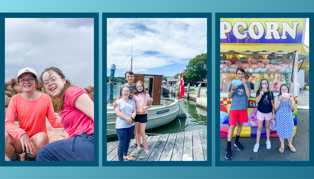 gradient blue graphic with three pictures that of William, Penny, and Marilee spending time together this summer