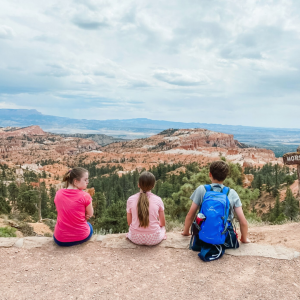 Penny, Marilee, and William sitting on a ledge with their backs to the camera and looking out over mountains