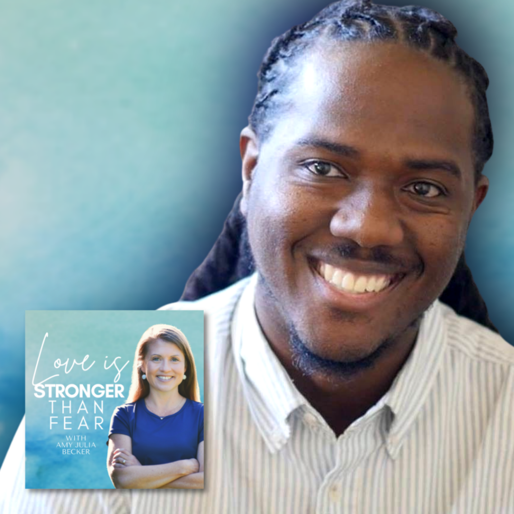 gradient blue graphic with picture cutout of Dominique Gilliard and Love Is Stronger Than Fear podcast logo