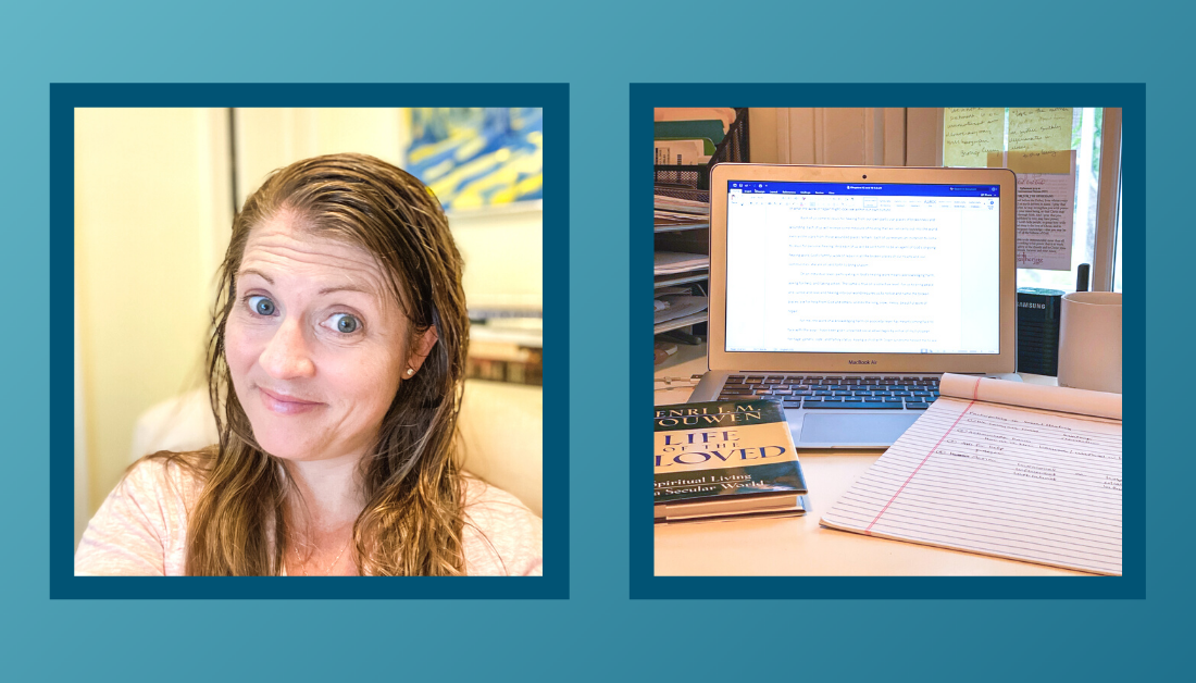 gradient blue graphic with a selfie where Amy Julia is smiling at the camera with a wry smile and a picture of a computer, book, and notebook on a desk