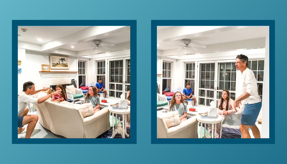 gradient blue graphic with pictures of family and friends sitting in the living room playing the Name Game