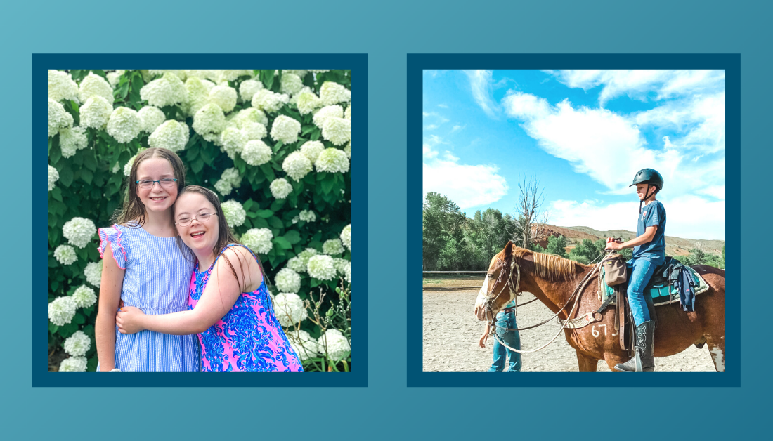 gradient blue graphic with a picture of Marilee and Penny smiling at the camera and a picture of a side profile of William riding a horse