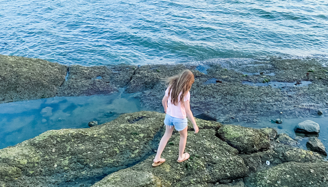 Marilee walking away from the camera, picking her way over large rocks along the beach with the ocean in the background