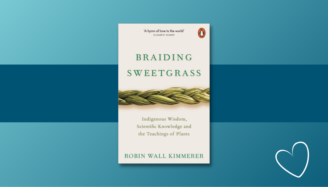 gradient blue graphic with the cover of the book Braiding Sweetgrass