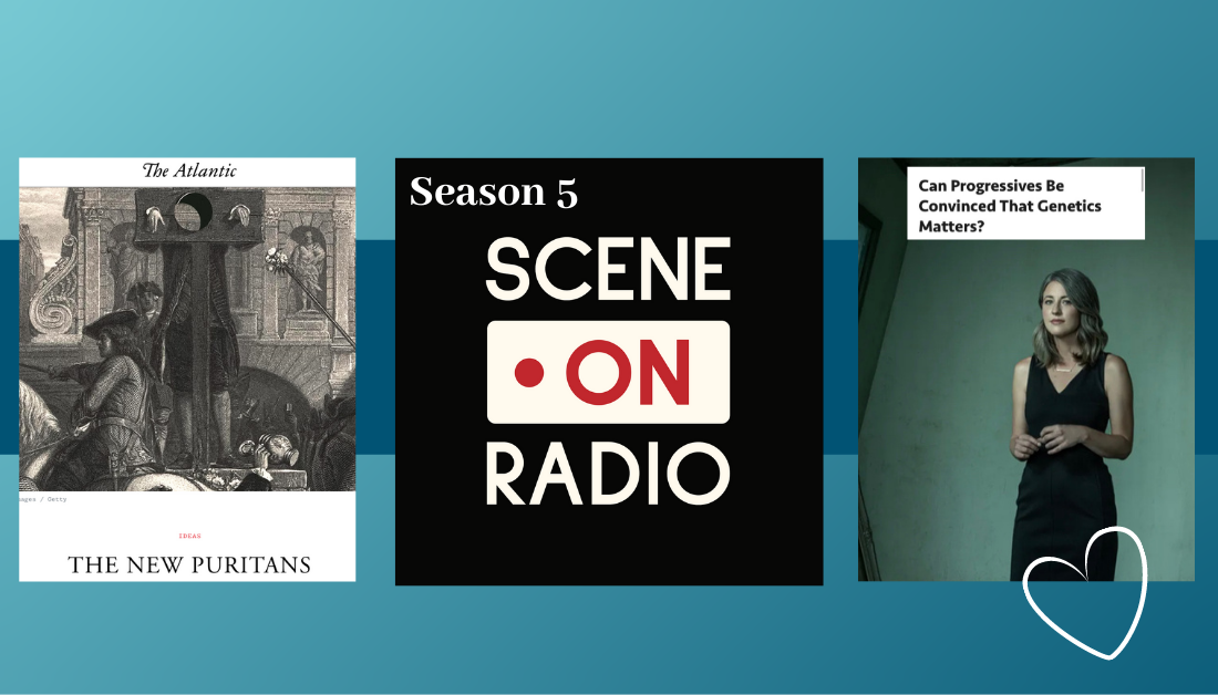 gradient blue graphic with screenshots of articles and the logo of the Scene on Radio podcast