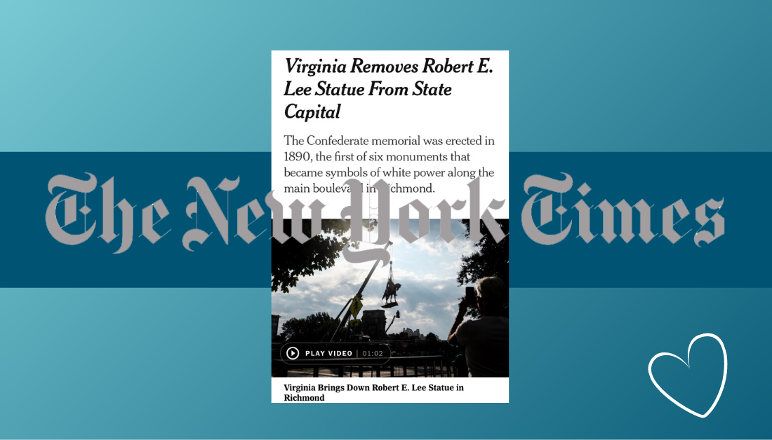 blue graphic with screenshot of New York Times article about Virginia removing the Robert E. Lee statue