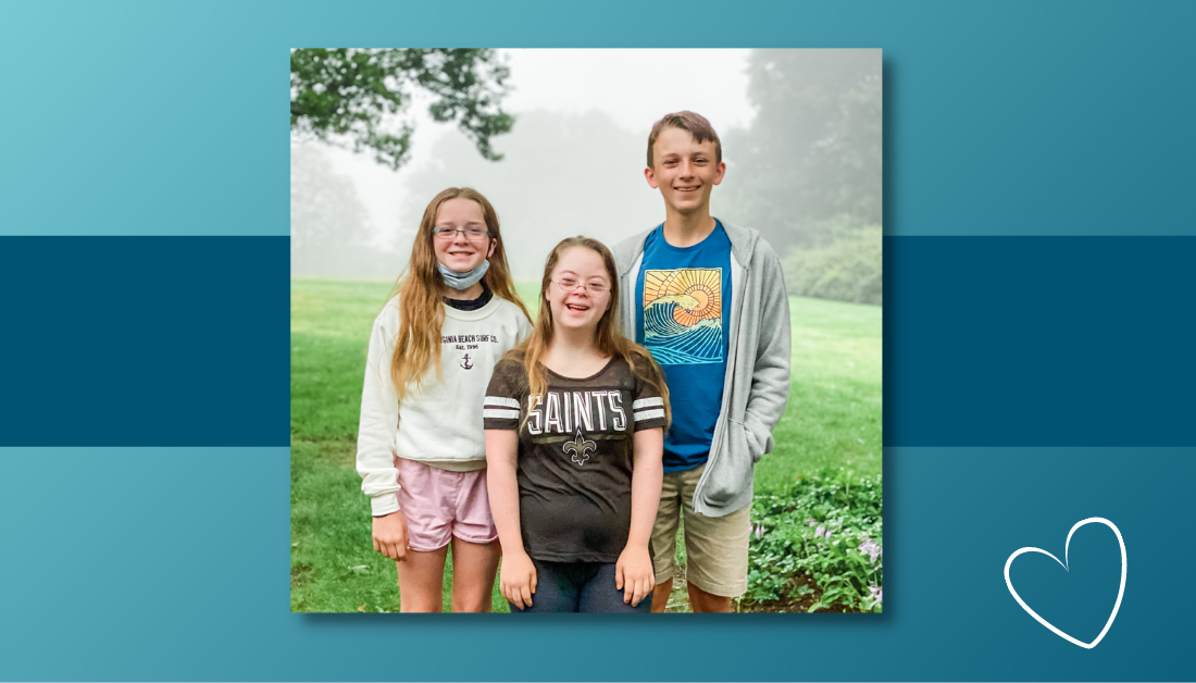 blue graphic with a picture of Marilee, Penny, and William standing outside with foggy trees in the background. They are smiling at the camera, ready to go to school.