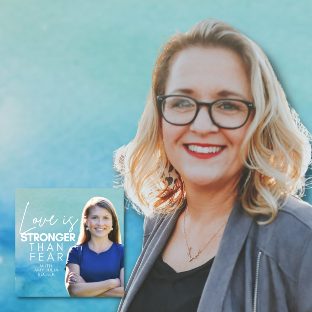 gradient blue graphic with a cut out picture of Ashley Hales, guest on the Love Is Stronger than Fear podcast, and the podcast logo
