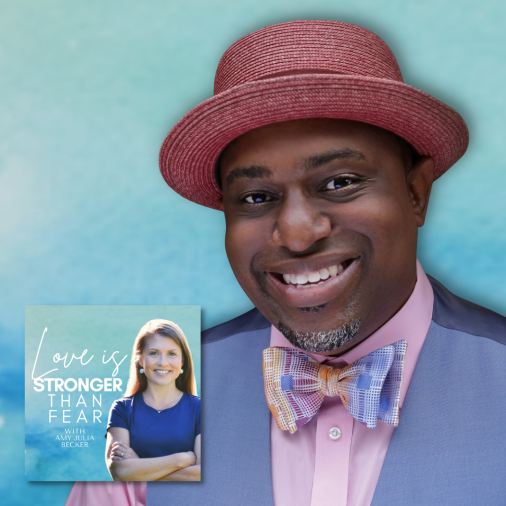 gradient blue graphic with the podcast logo for Love Is Stronger Than Fear Podcast with Amy Julia Becker and a cutout picture of David Bailey