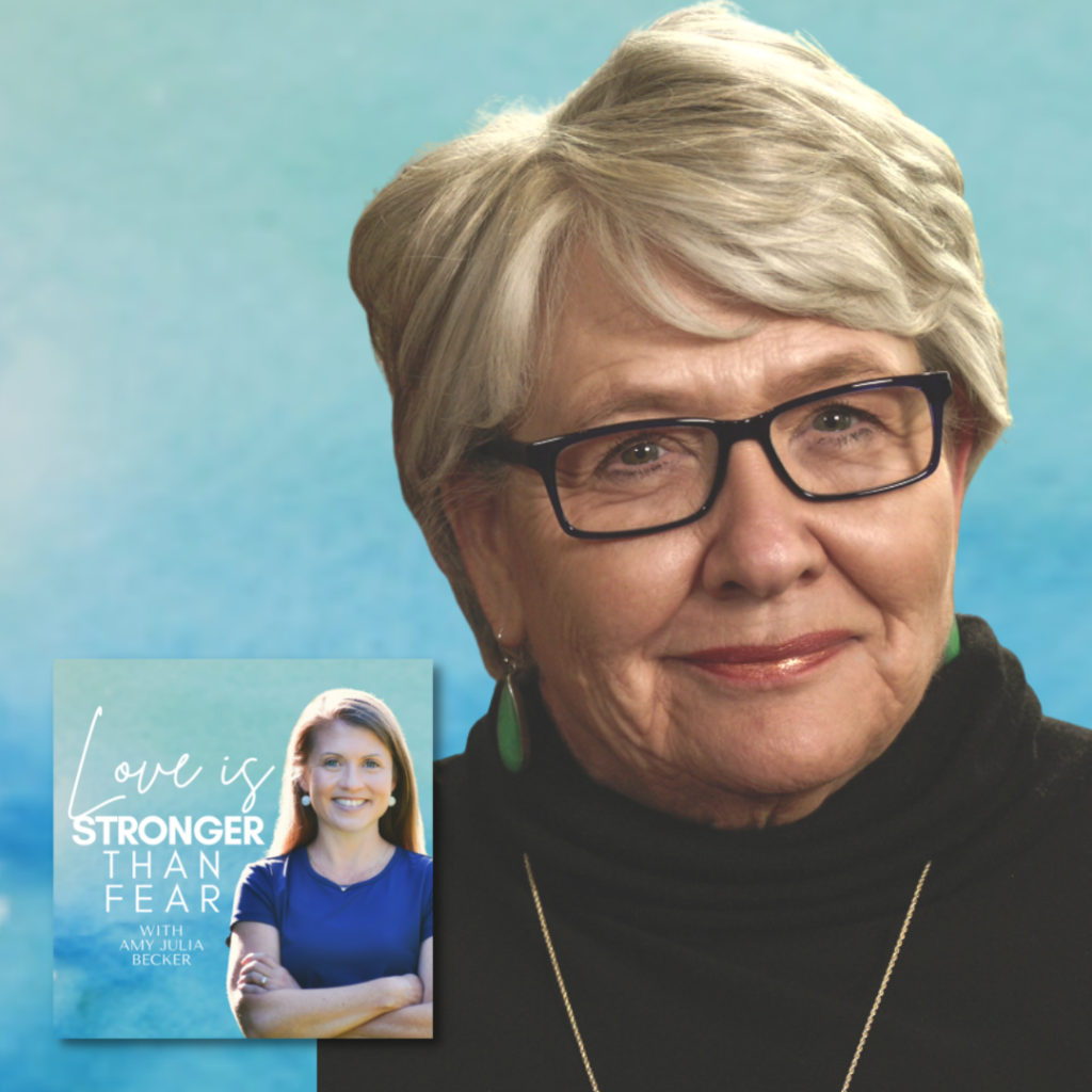 gradient blue graphic with the podcast logo for Love Is Stronger Than Fear Podcast with Amy Julia Becker and a cutout picture of Suzanne Stabile