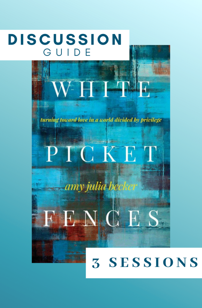 gradient blue graphic with a picture of the White Picket Fences book cover and text that says Discussion Guide 3 sessions
